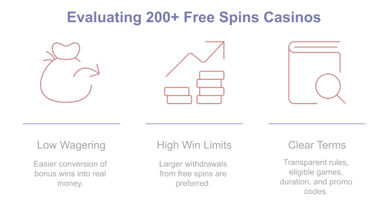Infographic: How we review casinos offering 200 free spins and which pokies the spins apply to